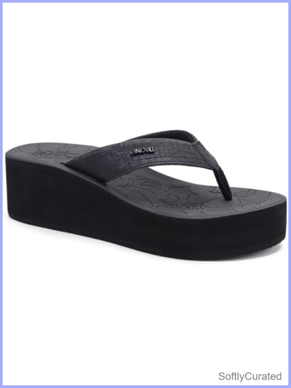 Platform Wedge Flip Flops with Faux Leather Straps and Rubber Soles